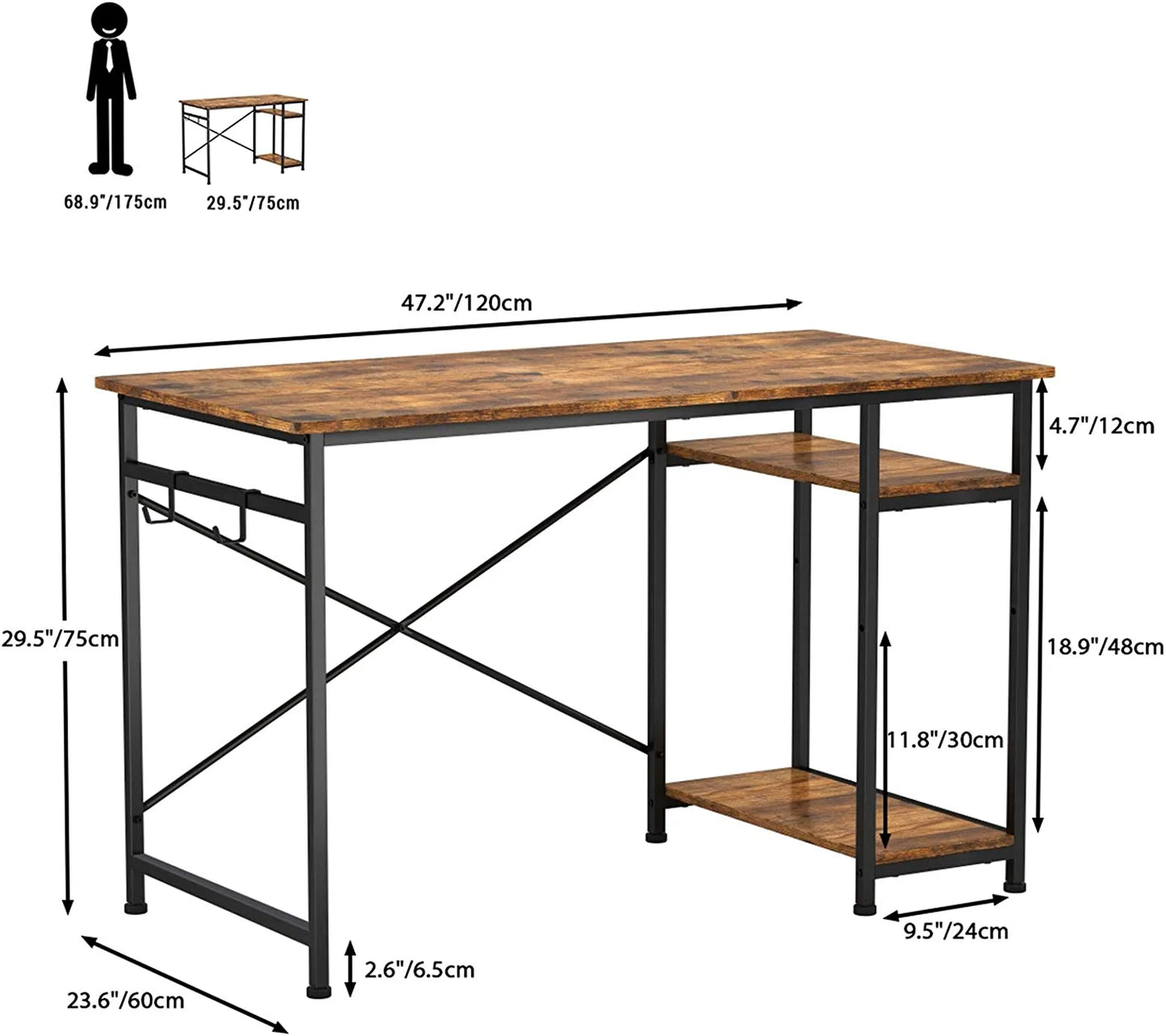 Writing Computer Desk 47", Home Office Study Desk with 2 Storage Shelves on Left or Right Side, Industrial Simple Style Wood Table Metal Frame for PC Laptop Notebook