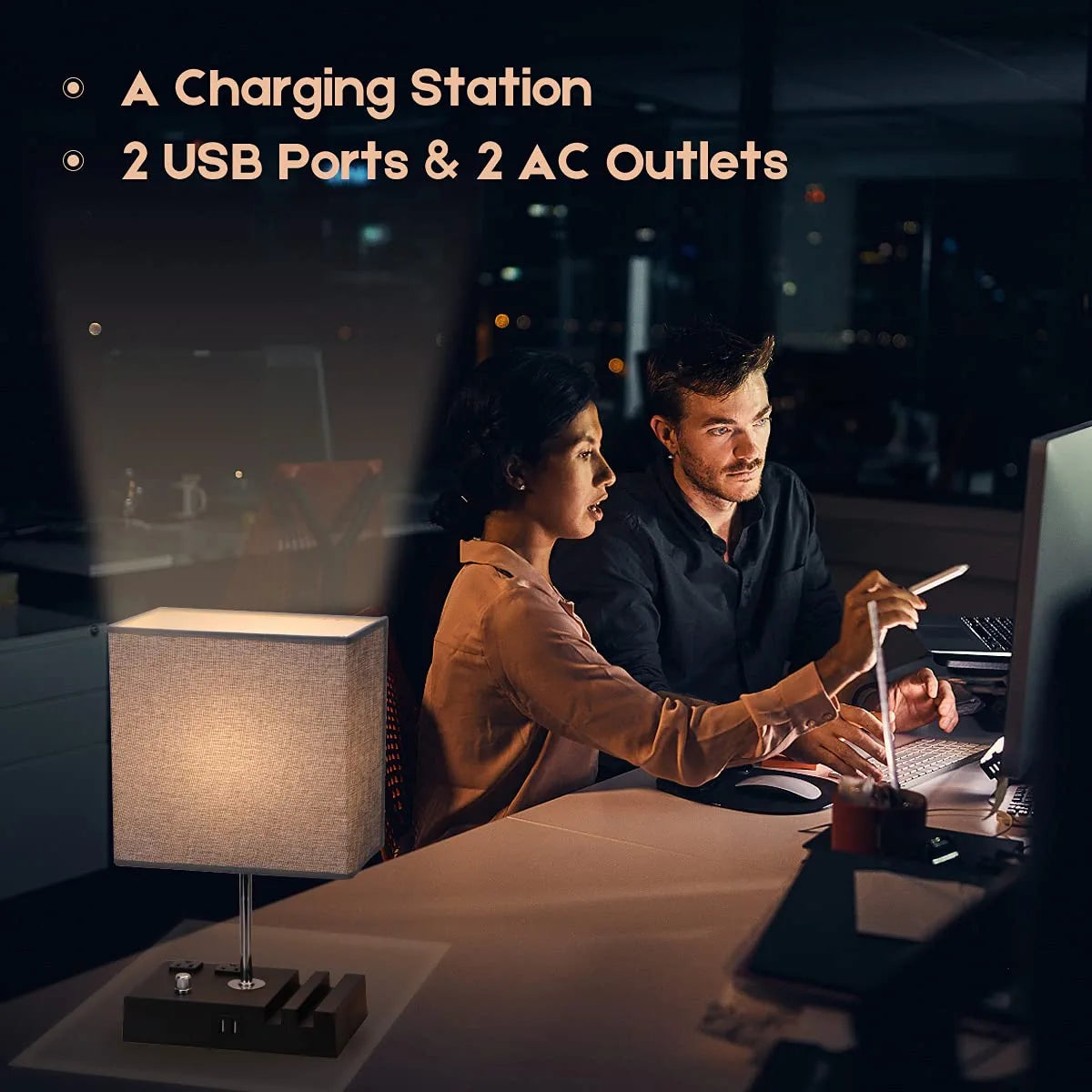 Fully Dimmable Table Lamp for Bedroom Living Room Dual USB Port -  Bedside Desk Lamp for Nightstand with Charging Station 2 Power Outlets, Grey Fabric Lampshade LED Bulb Included (Black/Grey)
