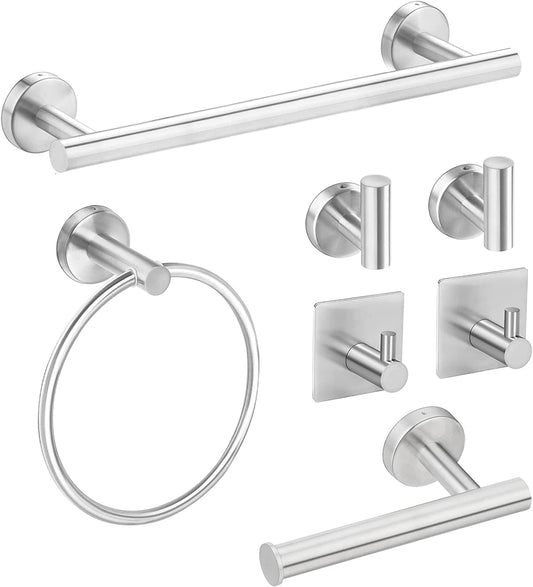 Bathroom Hardware Set, 7 Piece Towel Bar Set Brushed Nickel Bathroom Accessories Set Wall Mount Include 16'' Hand Towel Bar, Toilet Paper Holder, Towel Ring, 4 Robe Towel Hooks