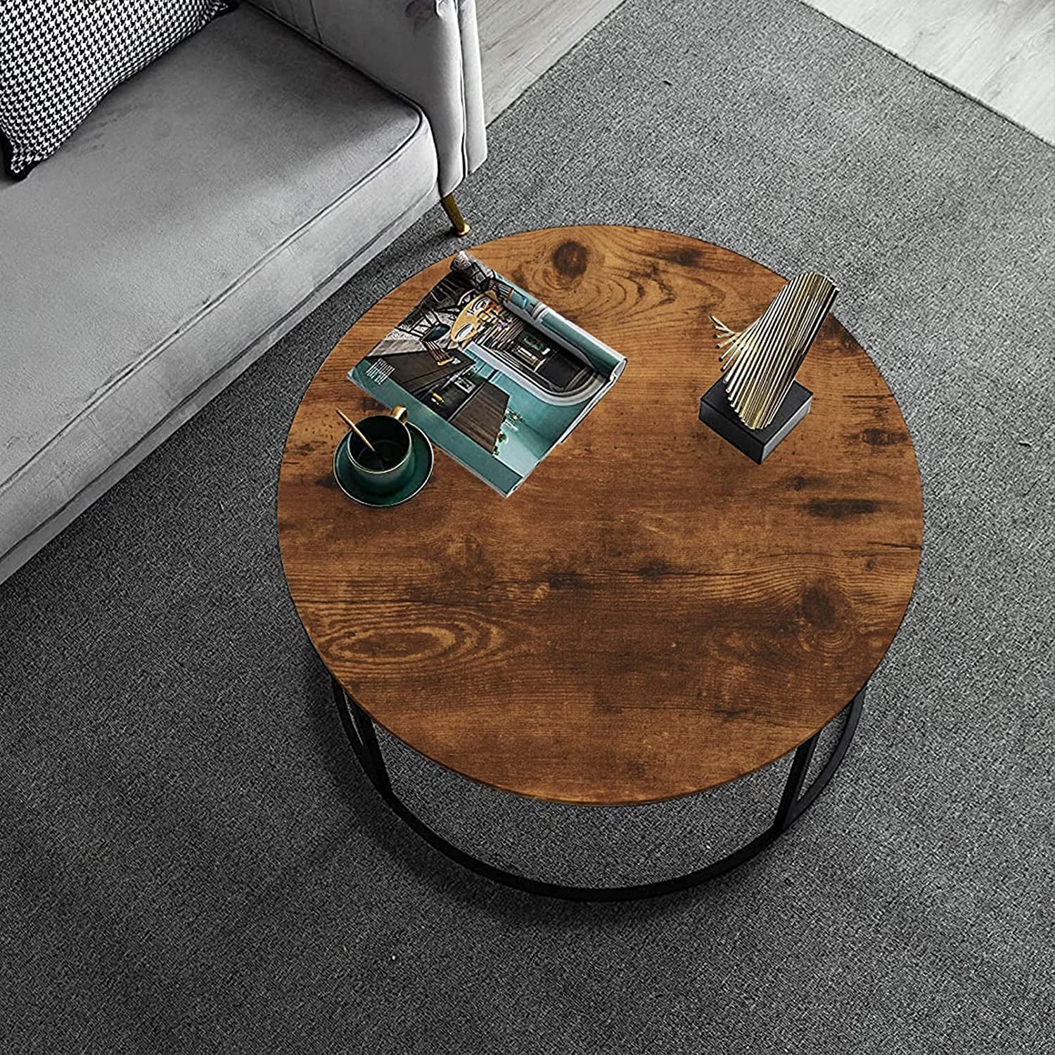 Rustic Brown round Coffee Table for Living Room, Small Modern Circle Table, Accent Side Sofa Table with Wood Top & Metal Frame, Sturdy and Stylish, 31.5 Inch