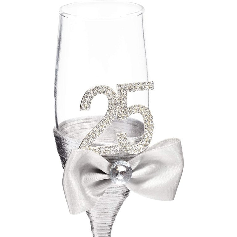 Set of 2 25th Wedding Anniversary Champagne Flutes Glasses for Mr and Mrs Toasting Party Celebration Gift
