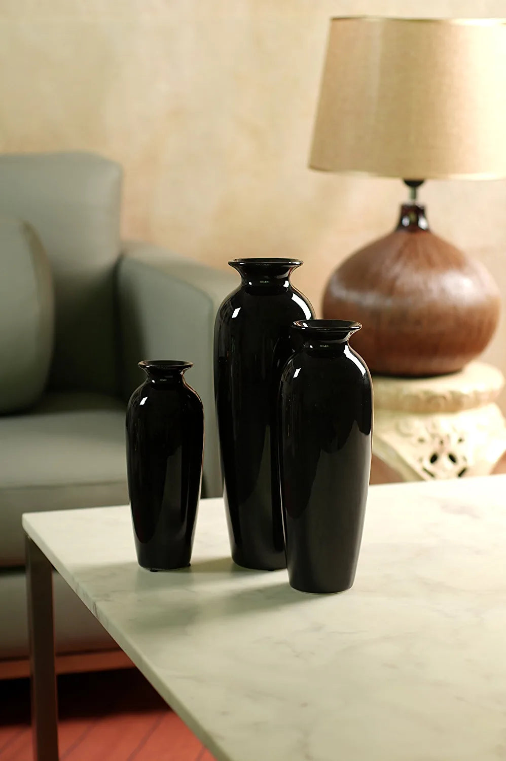 Set of 3 Black Ceramic Vases. Ideal Gift for Wedding or Special Occasions for Use in Home Office Decor Spa Aromatherapy Settings O9