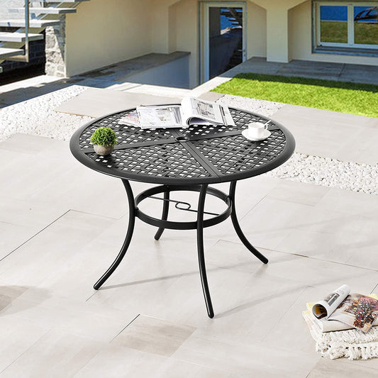 42.1" Outdoor round Cast Wrought Iron Patio Metal Dining Table with Umbrella Hole, Steel Frame for Backyard Lawn Balcony Deck, Black