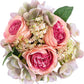 Queen BEE Artificial Silk Flowers in Vase. Fake Pink Roses 3 Heads and Hydrangeas with Ceramic Vase for Home, Wedding, Bathroom Decor. Nightstand Decoration. Home Accent, Small 7" (Pink Rose)