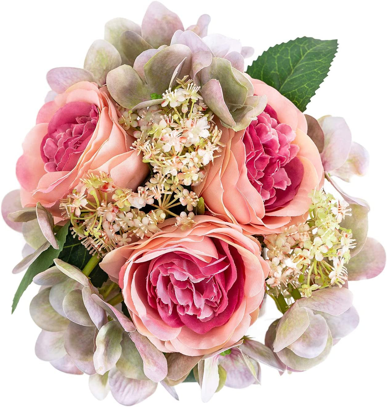 Queen BEE Artificial Silk Flowers in Vase. Fake Pink Roses 3 Heads and Hydrangeas with Ceramic Vase for Home, Wedding, Bathroom Decor. Nightstand Decoration. Home Accent, Small 7" (Pink Rose)