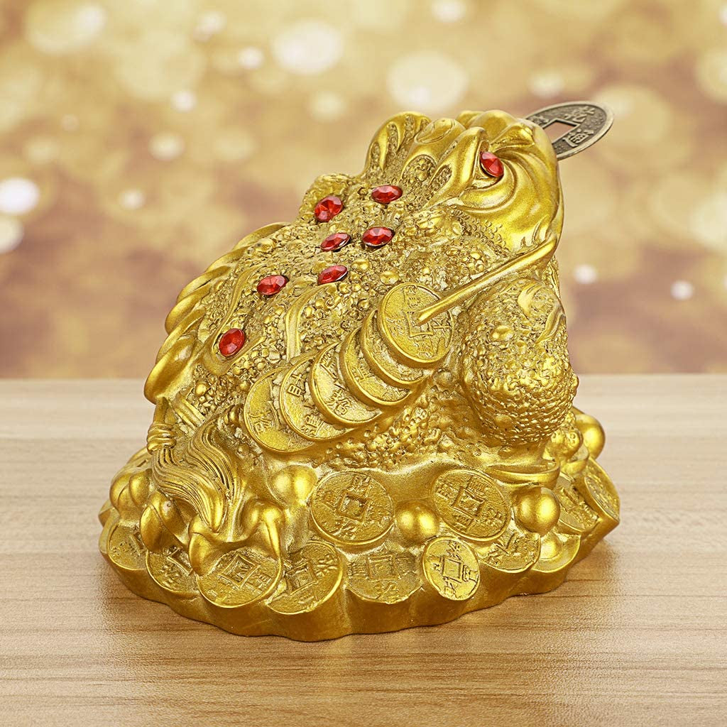 Large Money Toad Statue, Feng Shui Three Legged Toad with Coin, Lucky Charm Wealth Frog for Cash Register, Office Desk , House Warming, Store Opening Gift (Gold)