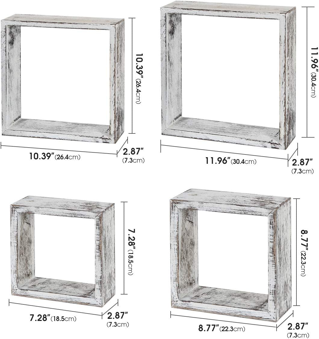 J JACKCUBE DESIGN Floating Hanging Square Shelves Wall Mounted Rustic Wood Cube Display Shelf Shadow Boxes Decorative Boho Home Décor for Living Room, Bedroom, Office, Set of 4 (White) - MK571C