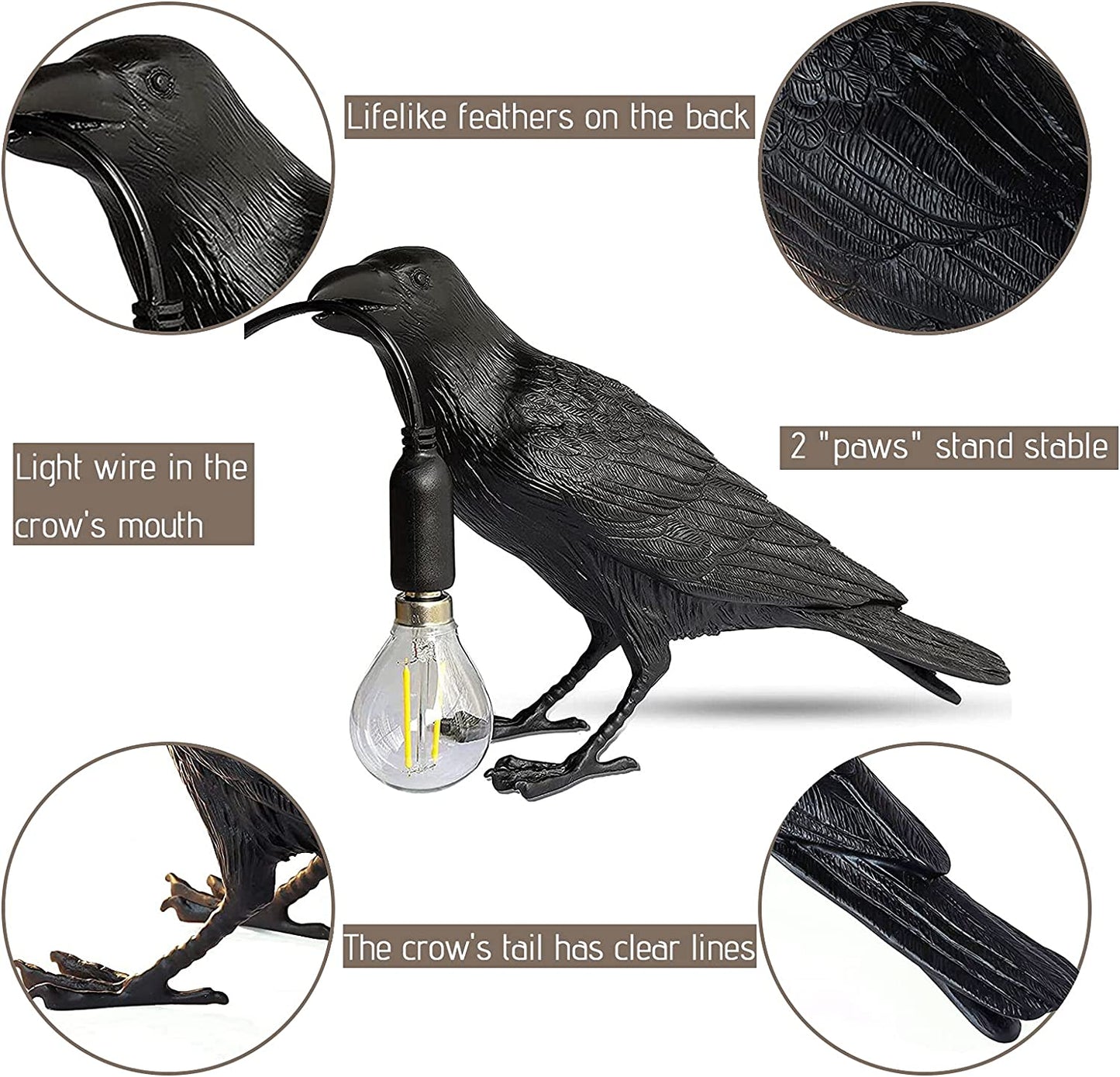 Raven Table Lamp - Crow Desk Lamp - Lifelike Resin Raven Light, Birds Table Light for Bedside Bedroom Living Room Decor (Black)-