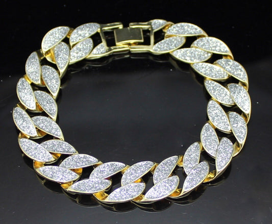 Mens Frosted Glitter Miami Cuban Curb Link 14K Gold Plated 8" Bracelet Hip Hop