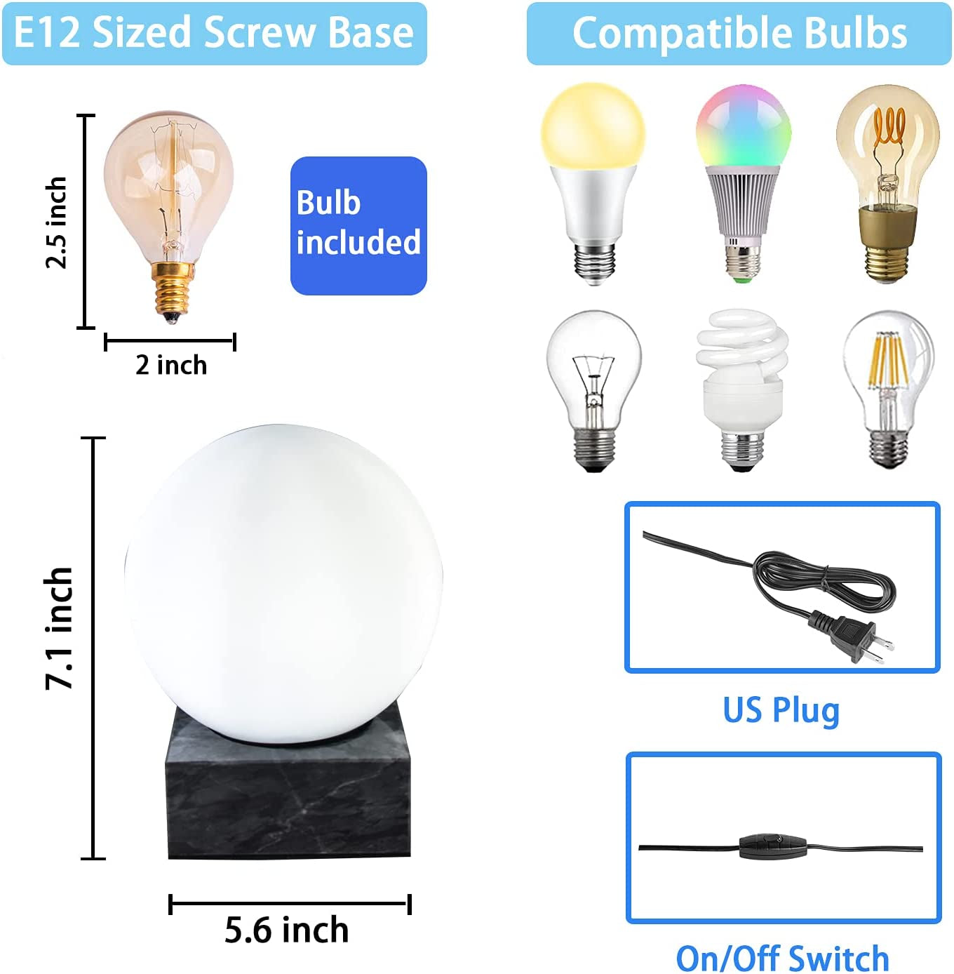 Modern Industrial Table Lamp, Unique Bedside Nightstand Desk Lamp with Glass Shade and Marble Base for Bedroom, Living Room, Office Study, Decoration (Include Bulb G45)