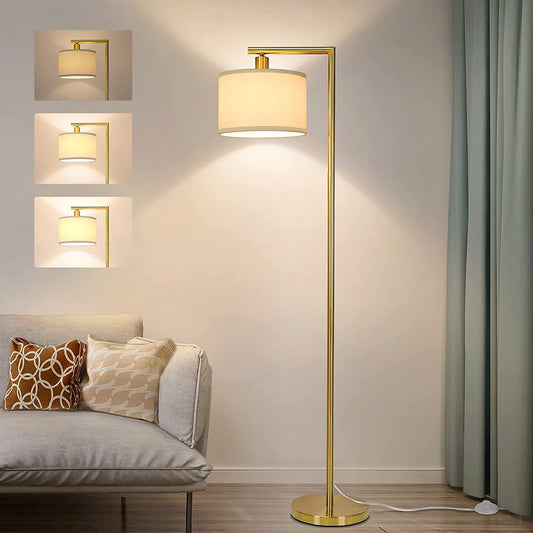 Gold Floor Lamp, Standing Lamp for Living Room Bedroom, Dimmable Floor Lamp, Tall Floor Lamp with Dimmer, Modern Arc Reading Light with Hanging Shade, Two Switches Design, Led Bulb Included