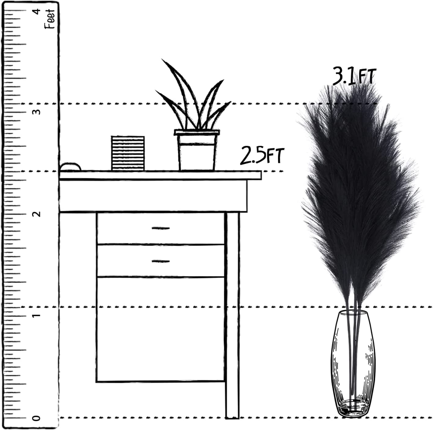7-Pcs 38"/3.1FT Faux Pampas Grass Large Tall Fluffy Artificial Fake Flower Boho Decor Bulrush Reed Grass for Vase Filler Farmhouse Home Wedding Decor (Black)