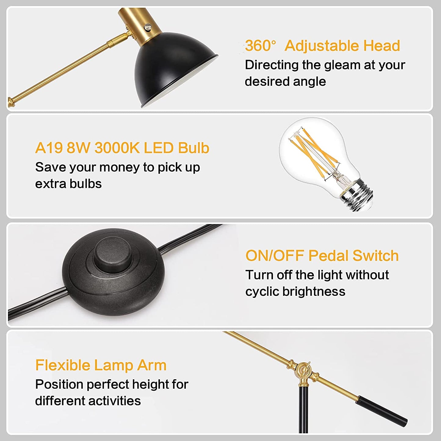 Industrial Floor Lamp Fully Dimmable LED Task Floor Lamp with Adjustable Arm, Modern Standing Lamp Tall Pole Lamp with Flexible Lamp Head for Reading Sewing Studying, A19 LED Bulb Included