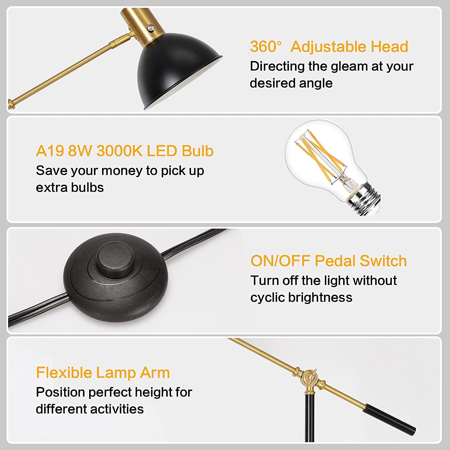 Industrial Floor Lamp Fully Dimmable LED Task Floor Lamp with Adjustable Arm, Modern Standing Lamp Tall Pole Lamp with Flexible Lamp Head for Reading Sewing Studying, A19 LED Bulb Included