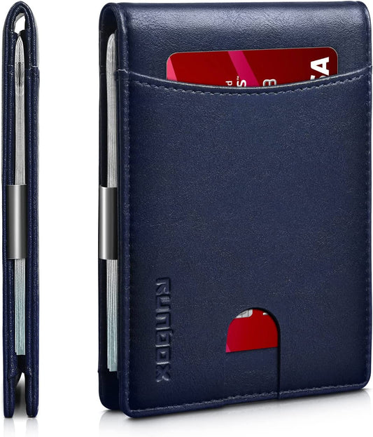 Slim Money Clip Wallet for Men Minimalist Leather Bifold RFID Blocking Large Capacity with Gift Box Blue