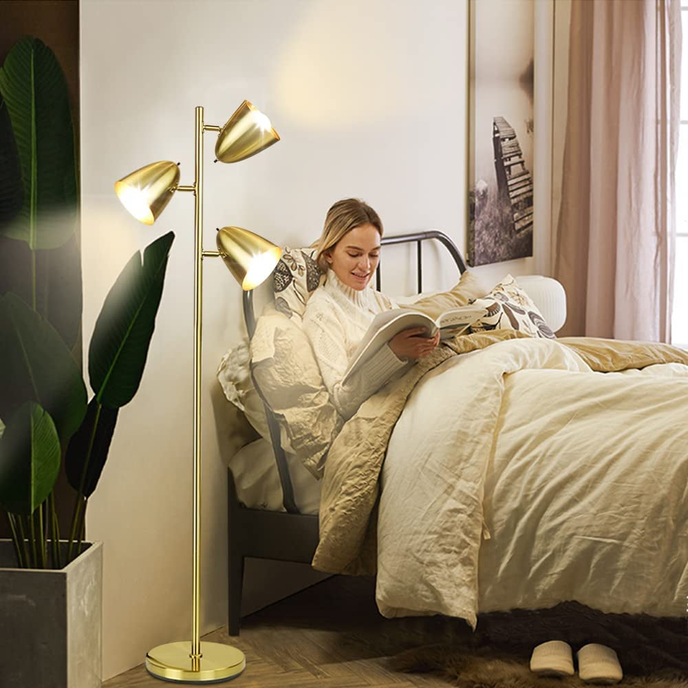DLLT Modern Floor Lamp, 3-Light Reading Standing Tree Lamp with Adjustable Metal Heads, Brass Tall LED Lighting for Living Room, Bedroom, Study Room, Office, E26 Base (Bulbs Include)