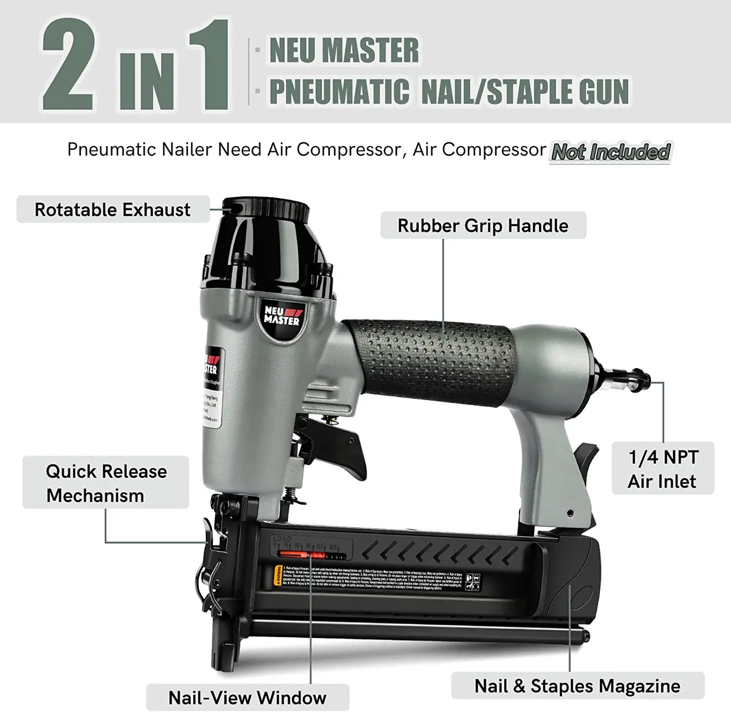 Pneumatic Brad Nailer,  2 in 1 Nail Gun Staple Gun Fires 18 Gauge 2 Inch Brad Nails and Crown 1-5/8 Inch Staples with Carrying Case and Safety Glasses