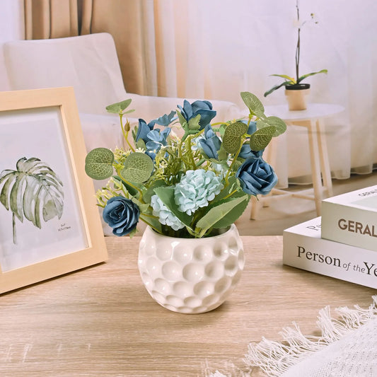 Artificial Rose Flowers in Ceramic Vase Blue, Faux Hydrangea Flower Arrangements for Home Decor Fake Flowers with Vase for Table Centerpieces Decoration