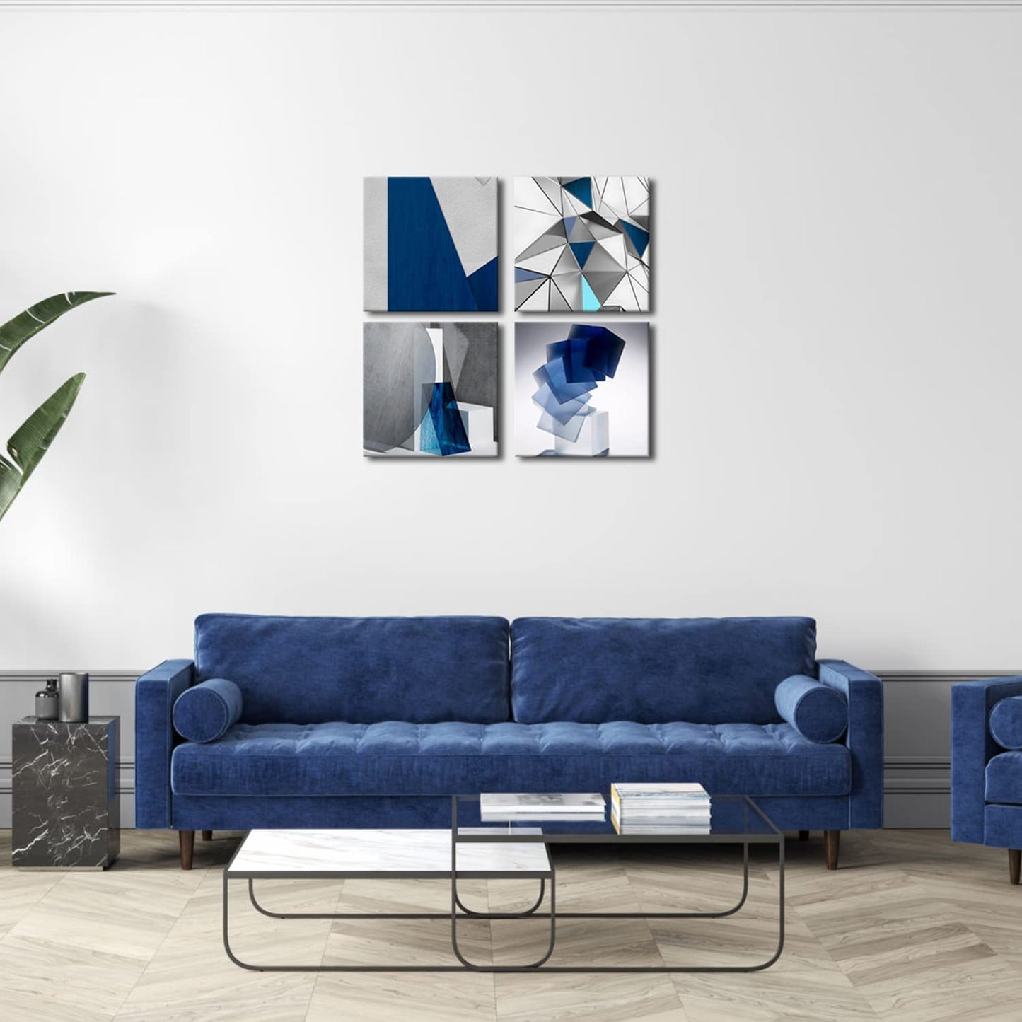 Blue Abstract Wall Art Blue and White for Living Room Decor 12X12 Modern Gray Abstract 3D Geometric Canvas Print Picture Framed Artwork Bathroom Bedroom Home Decor 4 Pieces