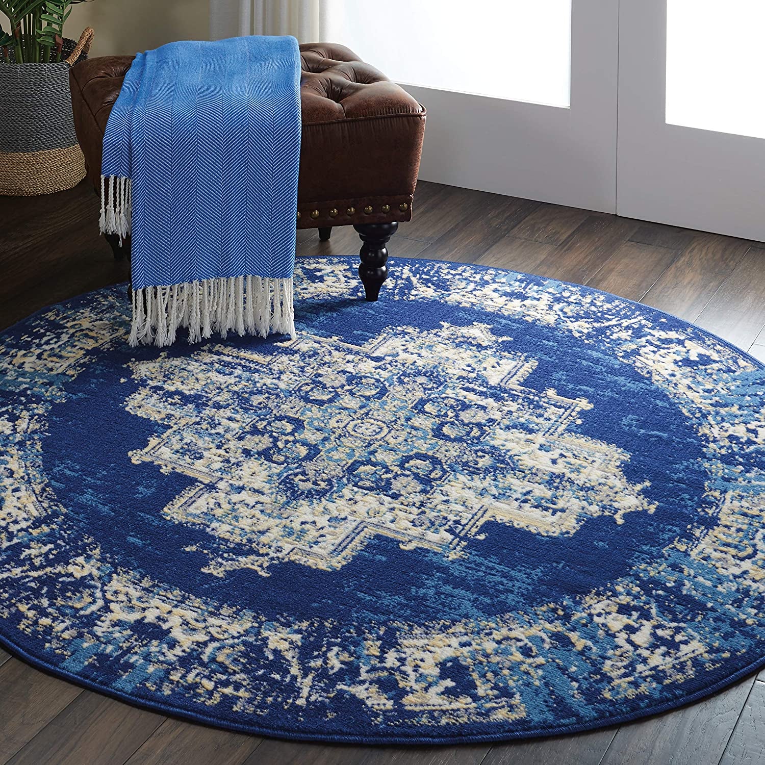 Grafix Persian Navy Blue 5'3" X round Area Rug, Easy Cleaning, Non Shedding, Bed Room, Living Room, Dining Room, Kitchen (5 Round)