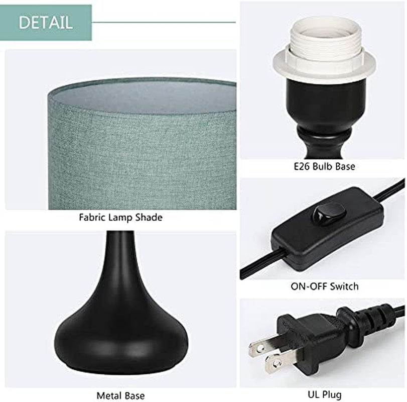 Lamps for Bedroom Set of 2- Bedside Lamps with Fabric Shade and Metal Base, Small Table Lamps for Living Room, Bedroom, Living Room, Office,Blue-Green