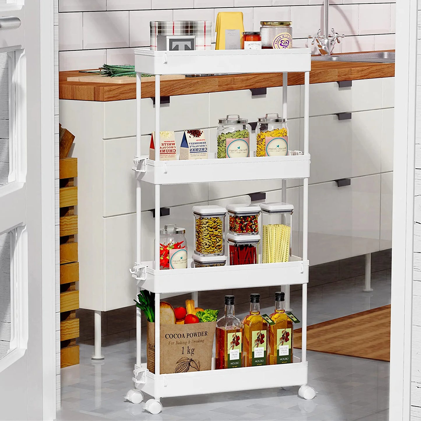 Slim Rolling Storage Cart 4 Tier Bathroom Organizer Mobile Shelving Unit Storage Rolling Utility Cart Tower Rack for Kitchen Bathroom Laundry Narrow Places, White