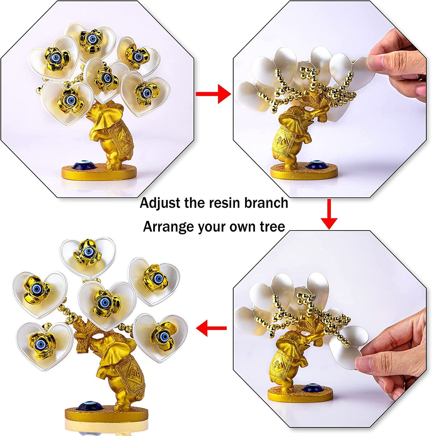 Blue Evil Eye Money Tree with Painted Golden Elephant Figurine White Artificial Flowers Home Office Protection Decoration Feng Shui Ornament