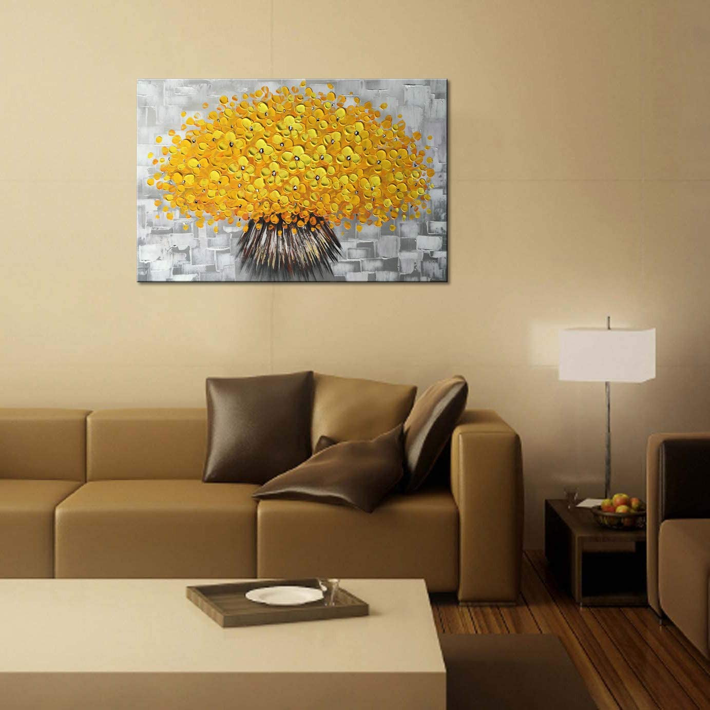 Handmade Yellow Flower Wall Art on Canvas One Piece Painting Gray Modern Abstract Artwork