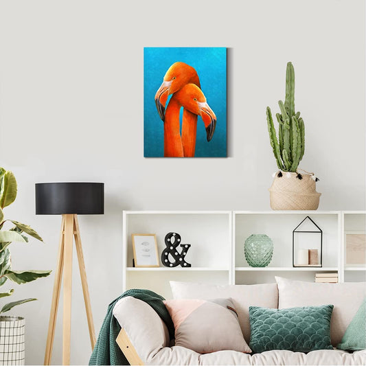 Flamingo Wall Art Decor for Bedroom Orange Pink Birds Painting Poster Framed Canvas Prints Animal Portrait Picture Love Couples Wall Decor for Bathroom Home Decorations 12X16Inch Ready to Hang