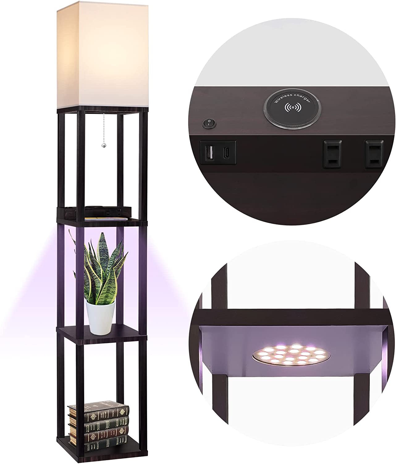 Floor Lamp with Shelves for Living Room, Shelf Floor Lamp with LED Grow Light, Wireless Charging Station, USB Port and AC Outlet, Modern Standing Light Column Lamp Tower Nightstand for Bedroom
