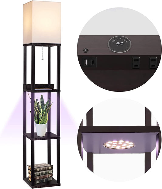 Floor Lamp with Shelves for Living Room, Shelf Floor Lamp with LED Grow Light, Wireless Charging Station, USB Port and AC Outlet, Modern Standing Light Column Lamp Tower Nightstand for Bedroom