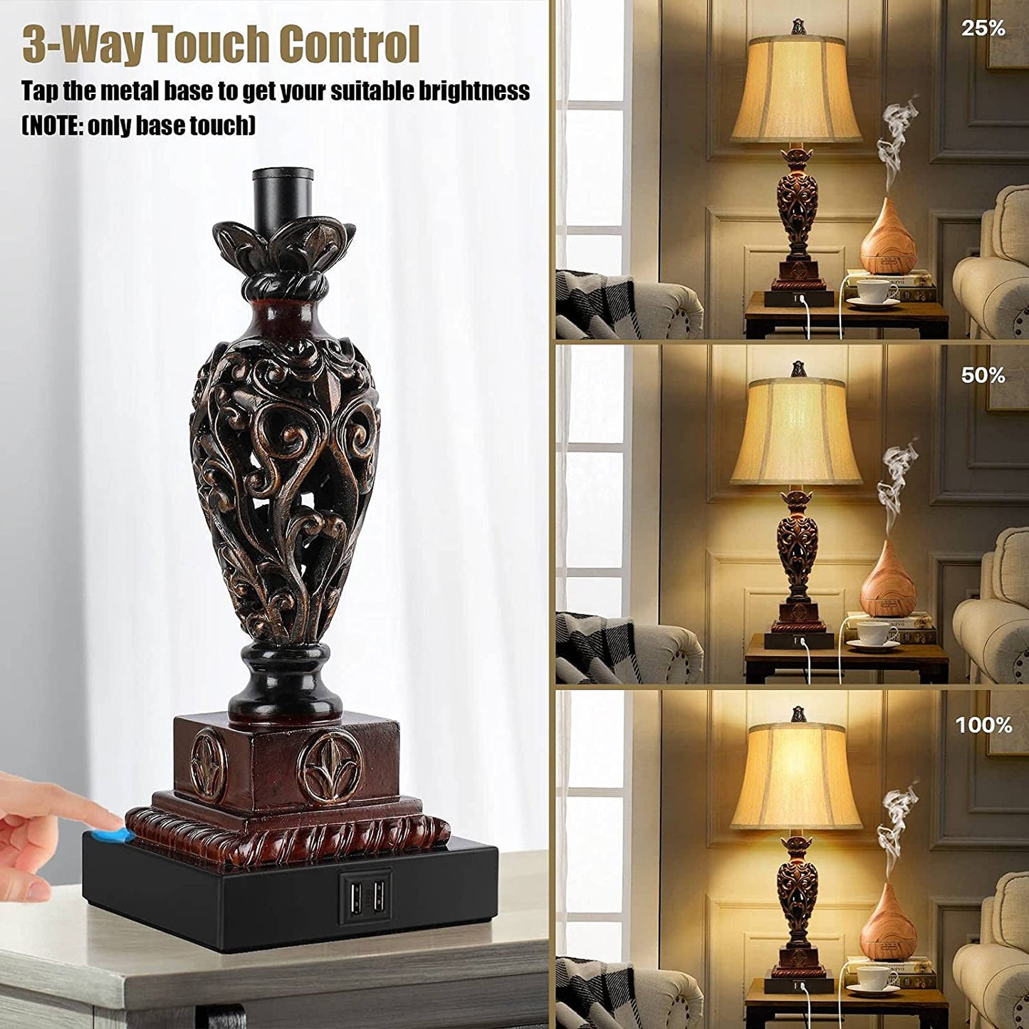 Traditional Touch Table Lamps Set of 2, Vintage Rustic Bedside Nightstand Lamps with 2 USB Ports, Farmhouse Retro Table Lamps for Living Room Bedroom, E26 Bulbs Included