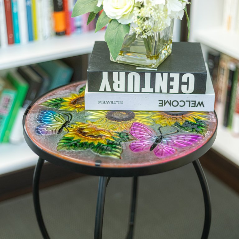 Mosaic Side Table Outdoor for Patio, Indoor Accent Table Coffee Table for Bistro, Plant End Table Small, Sunflower Round Glass Plant Table Stands