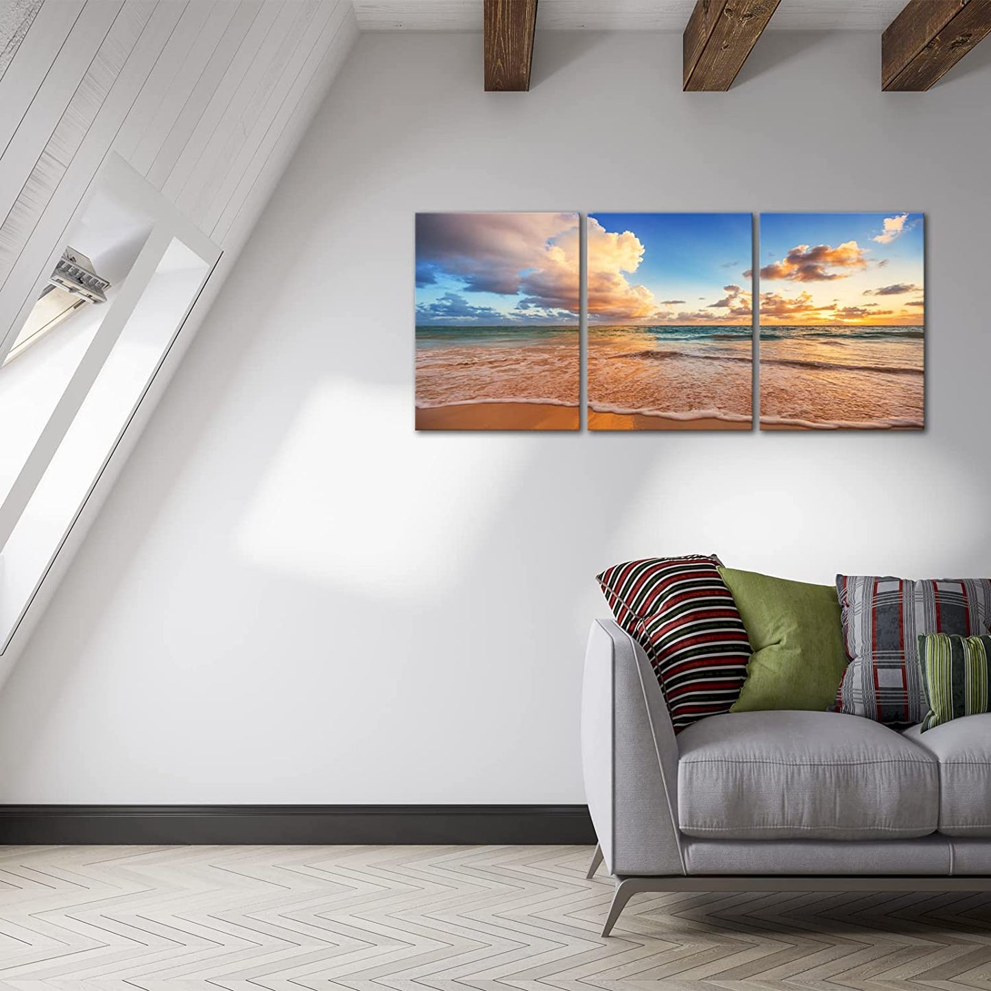 Sunrise Beach Canvas Wall Art, Baiyun Ocean Landscape Poster Framed, Canvas Painting Printing Picture for Home Bedroom Bathroom,12" X 16" X 3 PCS