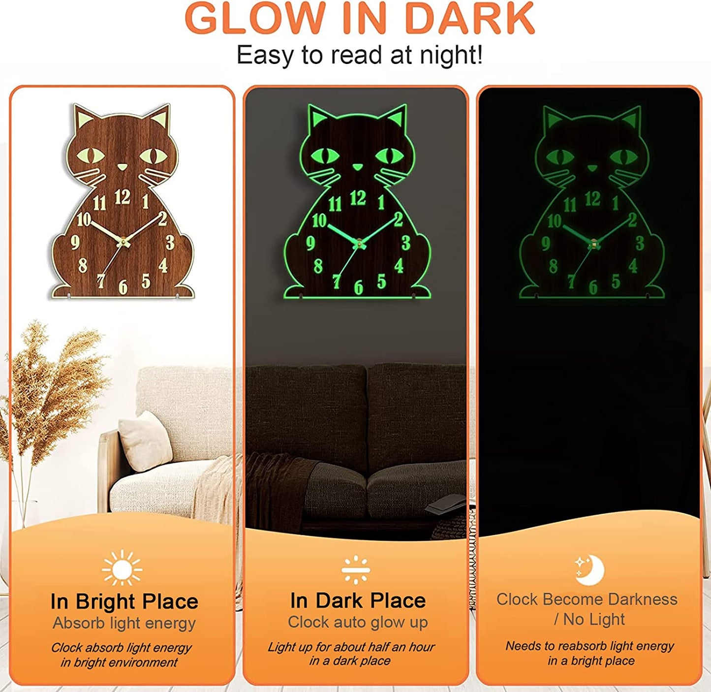 Night Light Wall Clock - Cat Wall Clocks Glow in Dark, Silent Non-Ticking Wood Clocks Battery Operated, Rustic Farmhouse Modern Clock Decorative for Kitchen Living Room Bedroom (12 Inch)