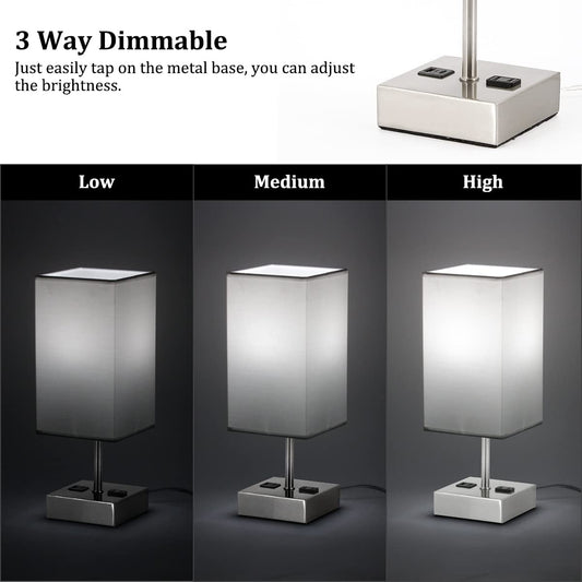 Touch Control Bedside Lamp, USB Table Lamp with 4 Bulbs,3 Way Dimmable Nightstand Lamp with 2 USB Ports & AC Outlet, Touch Desk Lamps for Bedrooms Living Room, Small Table Lamp, White Fabric Shade