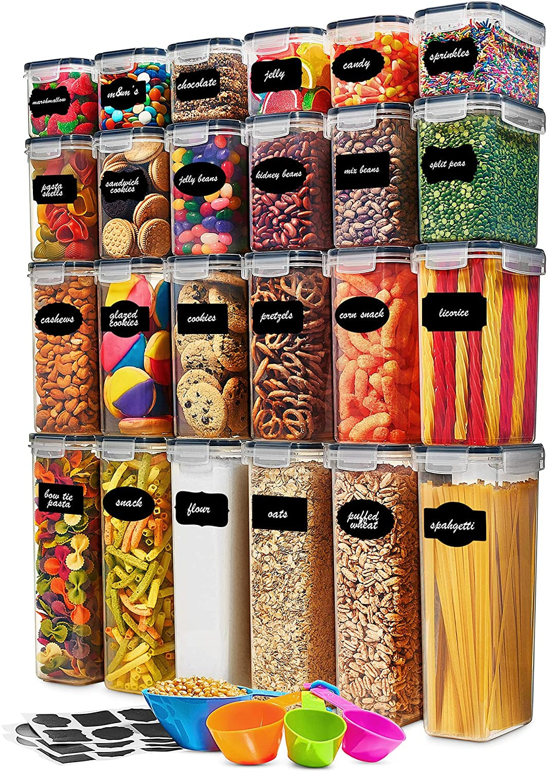 24 Pack Airtight Food Storage Container Set - BPA Free Clear Plastic Kitchen and Pantry Organization Canisters with Durable Lids for Cereal, Dry Food Flour & Sugar - Labels, Marker & Spoon Set