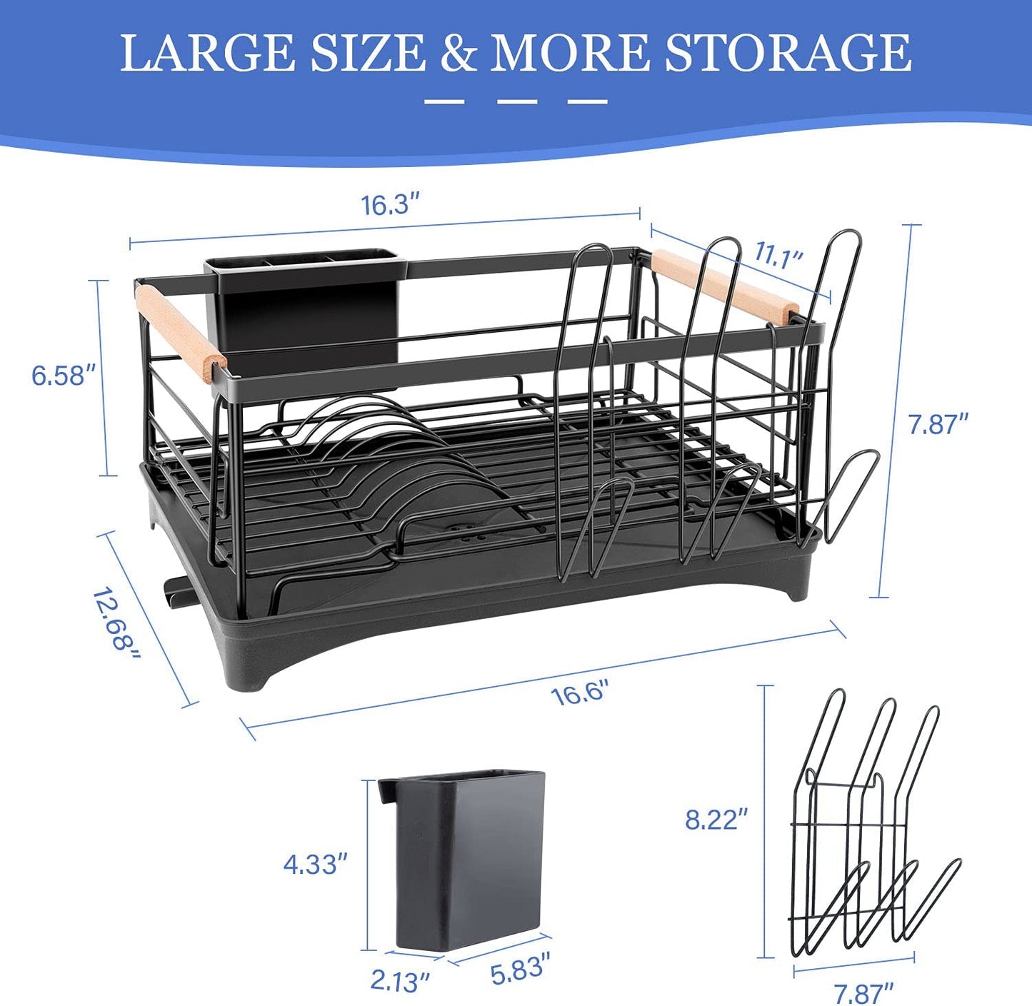 Dish Drying Rack, Dish Rack for Kitchen Counter, Rust-Proof Dish Drainer with Drying Board and Utensil Holder for Kitchen Counter Cabinet, 16.6” L× 12.6”W× 7.8”H, Black