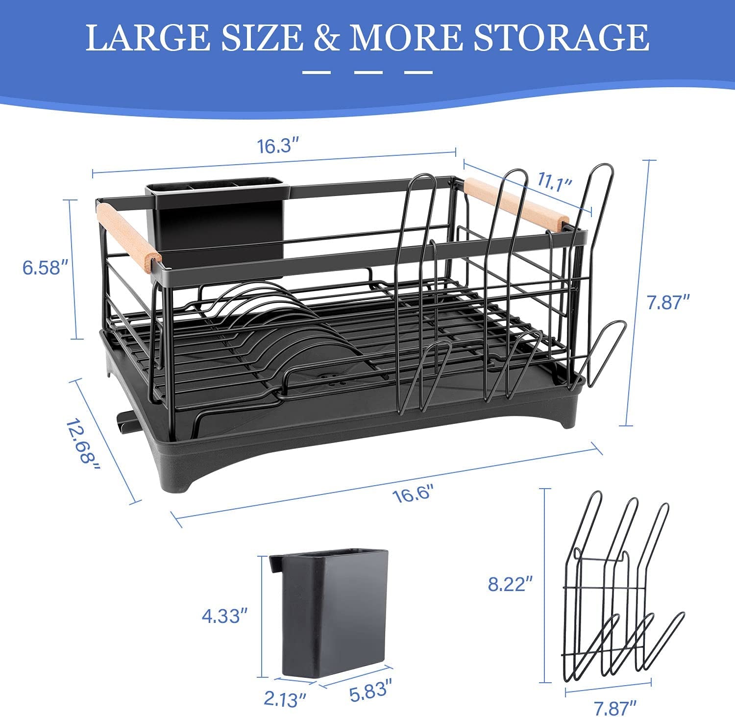 Dish Drying Rack, Dish Rack for Kitchen Counter, Rust-Proof Dish Drainer with Drying Board and Utensil Holder for Kitchen Counter Cabinet, 16.6” L× 12.6”W× 7.8”H, Black