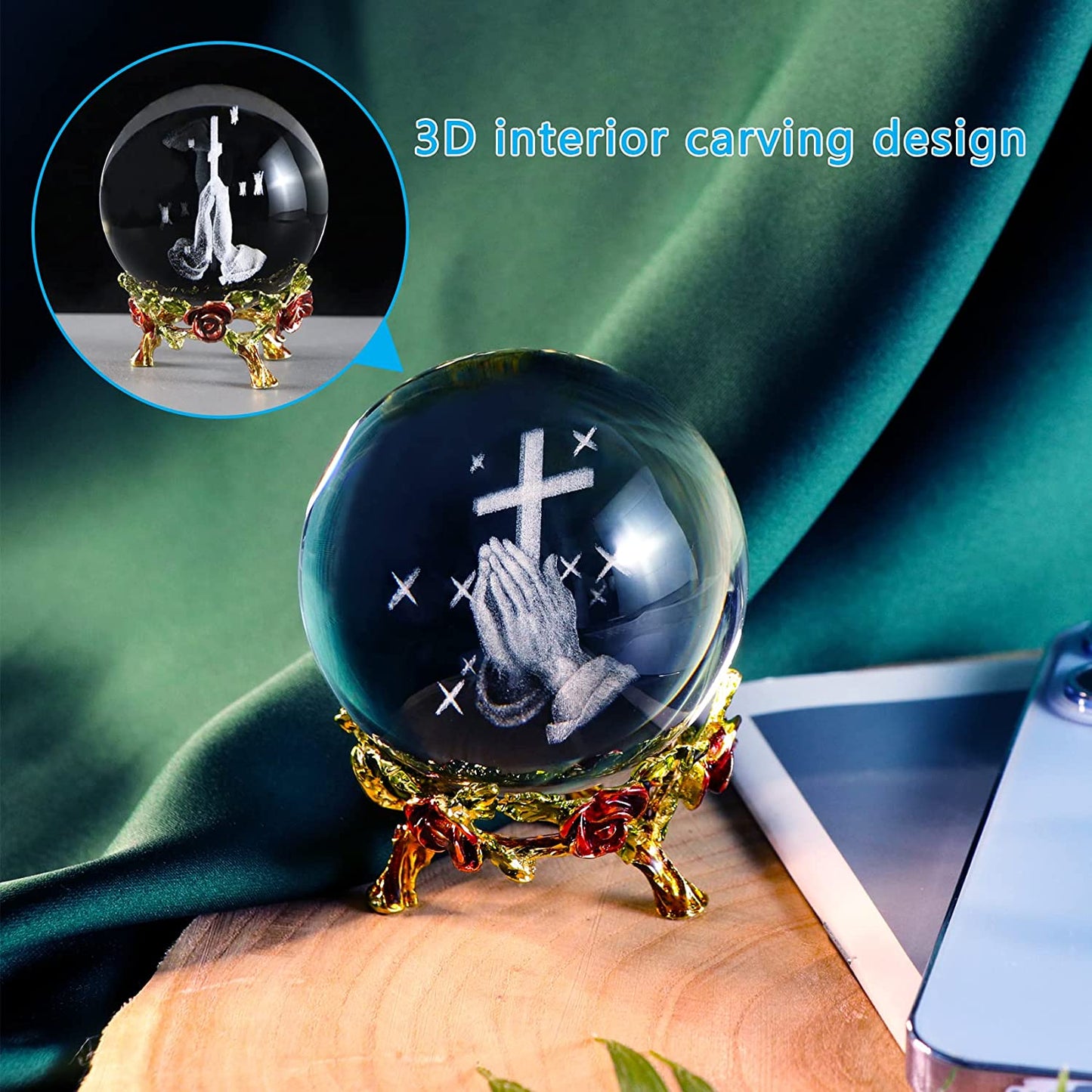 60MM Crystal Ball Engraved 3D Hand Holding a Cross Figurine with Rose Stand Praying Religious Gifts for Women, Christian Gifts for Friend Glass Paperweight Home Decorations (2.36 In.)