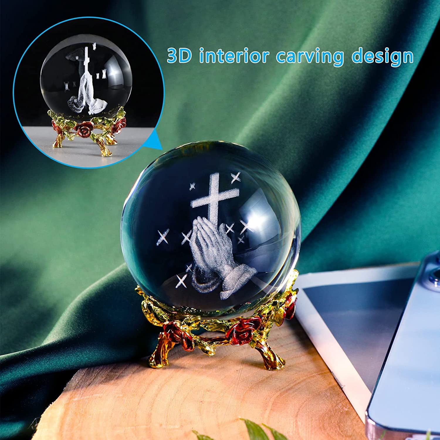 60MM Crystal Ball Engraved 3D Hand Holding a Cross Figurine with Rose Stand Praying Religious Gifts for Women, Christian Gifts for Friend Glass Paperweight Home Decorations (2.36 In.)