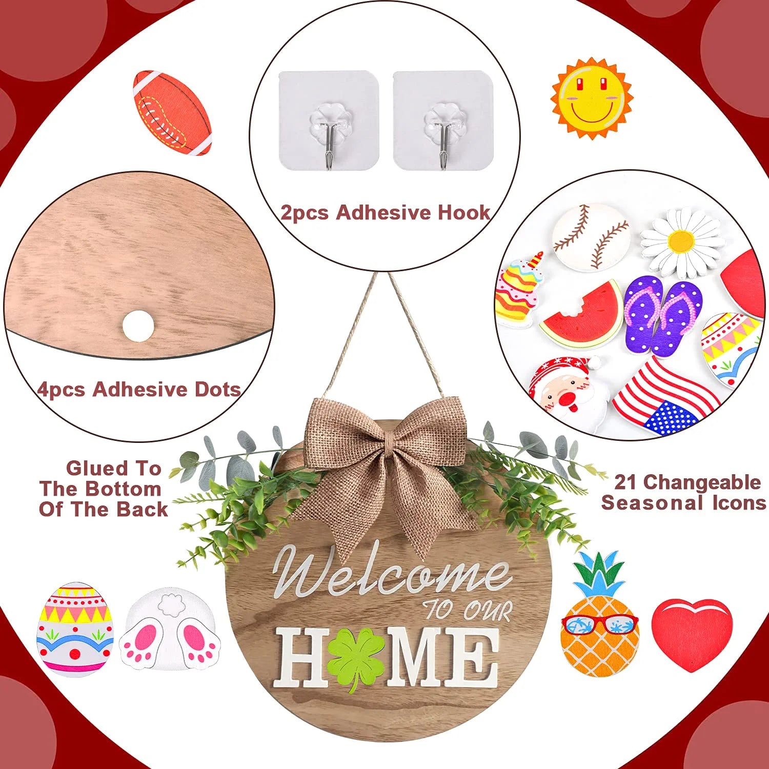 Interchangeable Welcome Home Sign, Seasonal Front Porch Door Decor with 21 Changeable Seasonal Icons for Halloween /Christmas/Independence Day, Rustic Wood Wreaths Wall Hanger for Housewarming Gift (12")