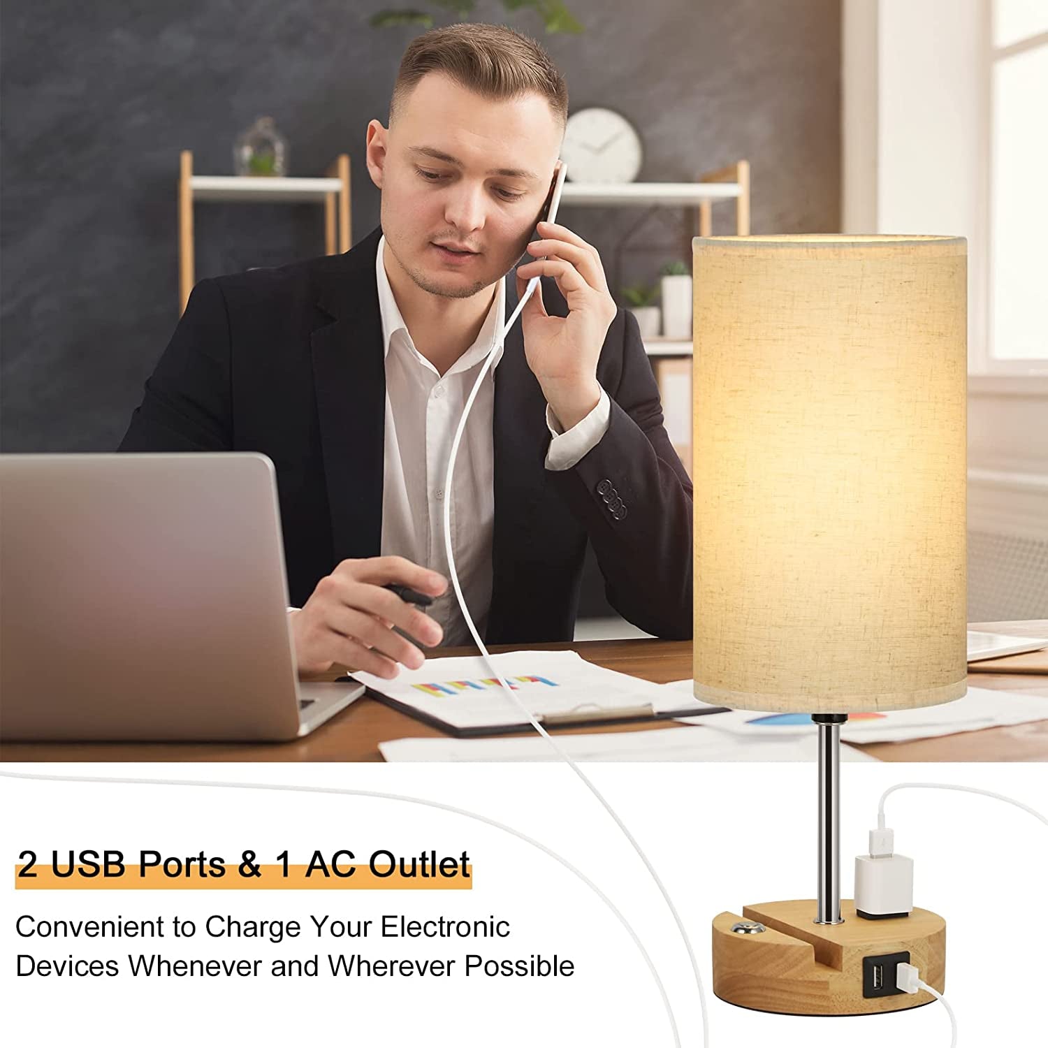 Bedside Lamps Set of 2 with USB Ports and AC Outlet, Wood Small Table Lamps with Phone Holder and E26 Bulbs, 3 Way Dimmable Nightstand Lamps for Bedroom Living Room Reading (Light Brown, Beige)