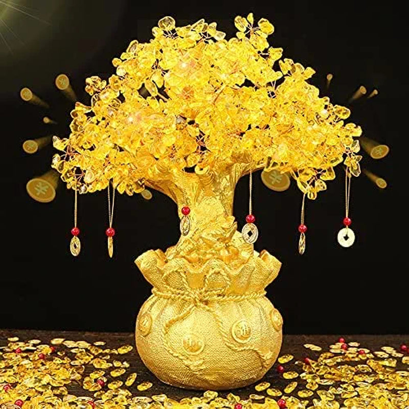 Feng Shui Citrine/Yellow Crytal Money Tree with Chinese Dragon Pots