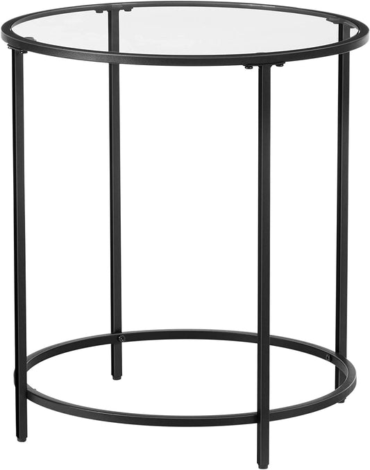 round Side Table, Glass End Table with Metal Frame, Small Coffee Accent Table, Bedside Table, Modern Style, for Living Room, Balcony, Bedroom, Black ULGT020B01