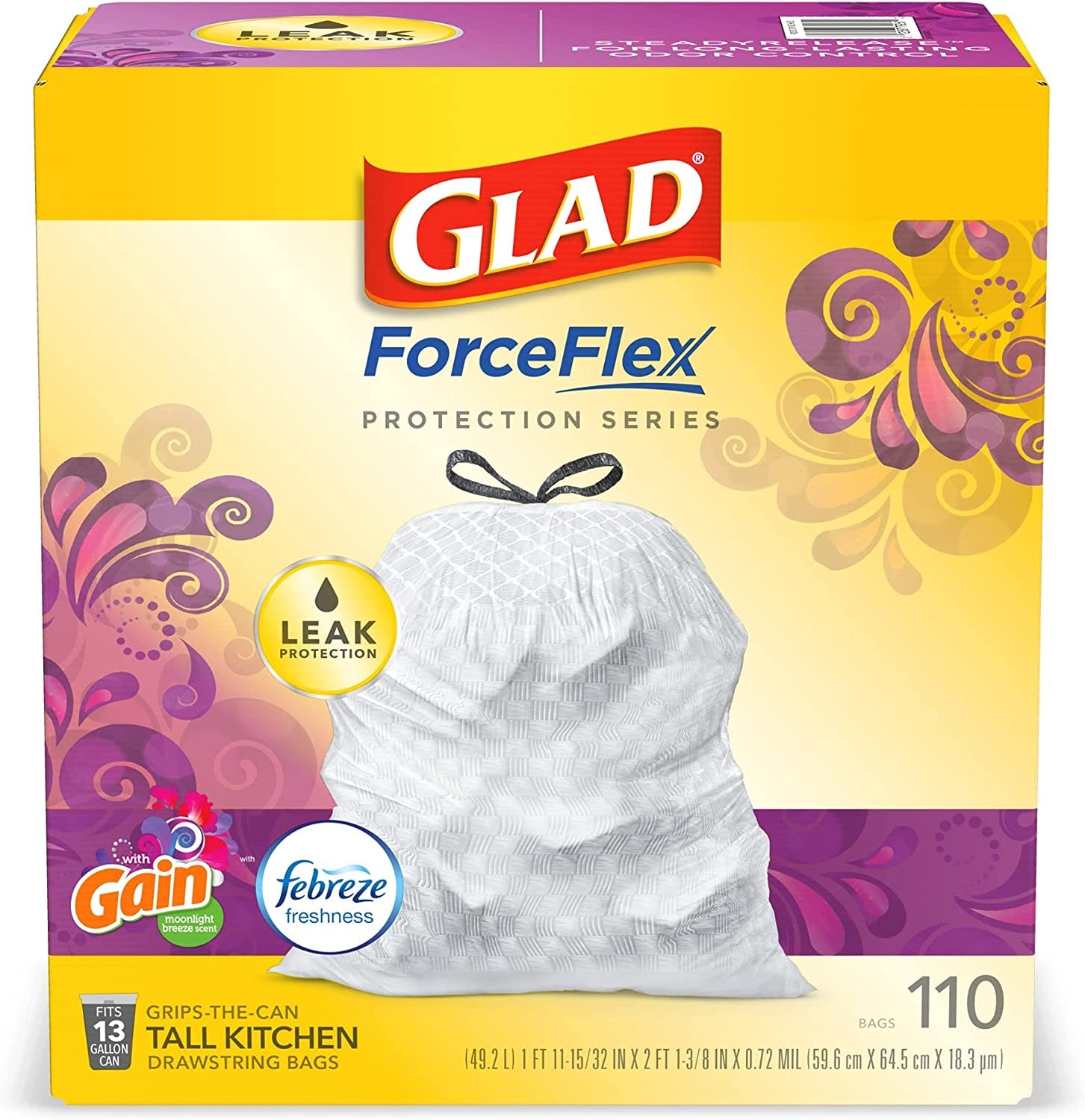 Trash & Food Storage Forceflex Protection Series Tall Trash Bags, 13 Gal, Gain Moonlight Breeze with Febreze, 110 Ct (Package May Vary)