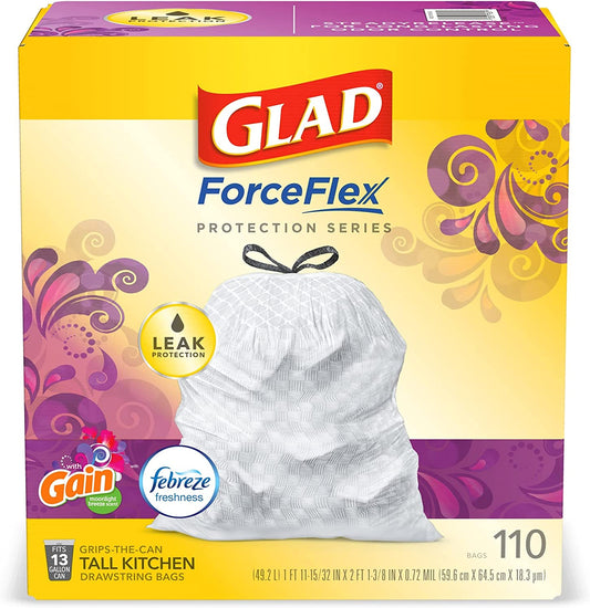Trash & Food Storage Forceflex Protection Series Tall Trash Bags, 13 Gal, Gain Moonlight Breeze with Febreze, 110 Ct (Package May Vary)