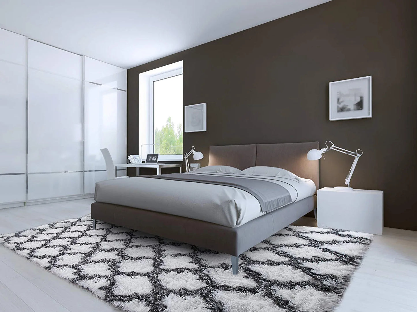 Luxury Shag Area Rug Modern Indoor Plush Fluffy Rugs, Extra Soft and Comfy Carpet, Geometric Moroccan Rugs for Bedroom Living Room Girls Kids Nursery, 5X8 Feet Grey/White