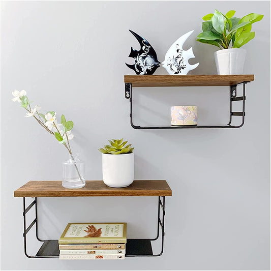 2 Tier Wall Mounted Shelf Set of 2, Wall Floating Shelves with Black Metal for Bedroom, Living Room, Bathroom, Laundry Room, Kitchen, 2 Different Sizes