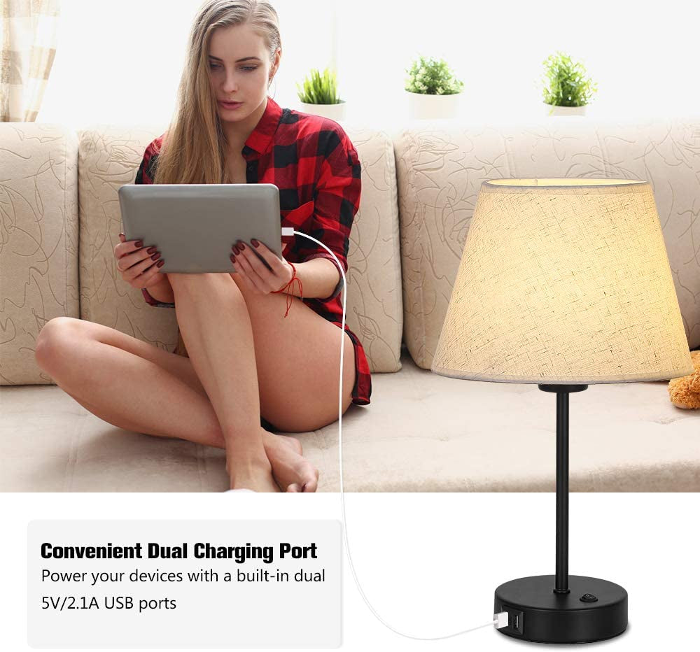Table Lamp, Bedside Lamp Set of 2 with Dual USB Charging Ports, Modern Nightstand Light Perfect for Bedroom, Living Room, Study Room